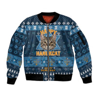 Happy Hanukcat Christmas Design Sleeve Zip Bomber Jacket Xmas Holiday Patterns - Wonder Print Shop