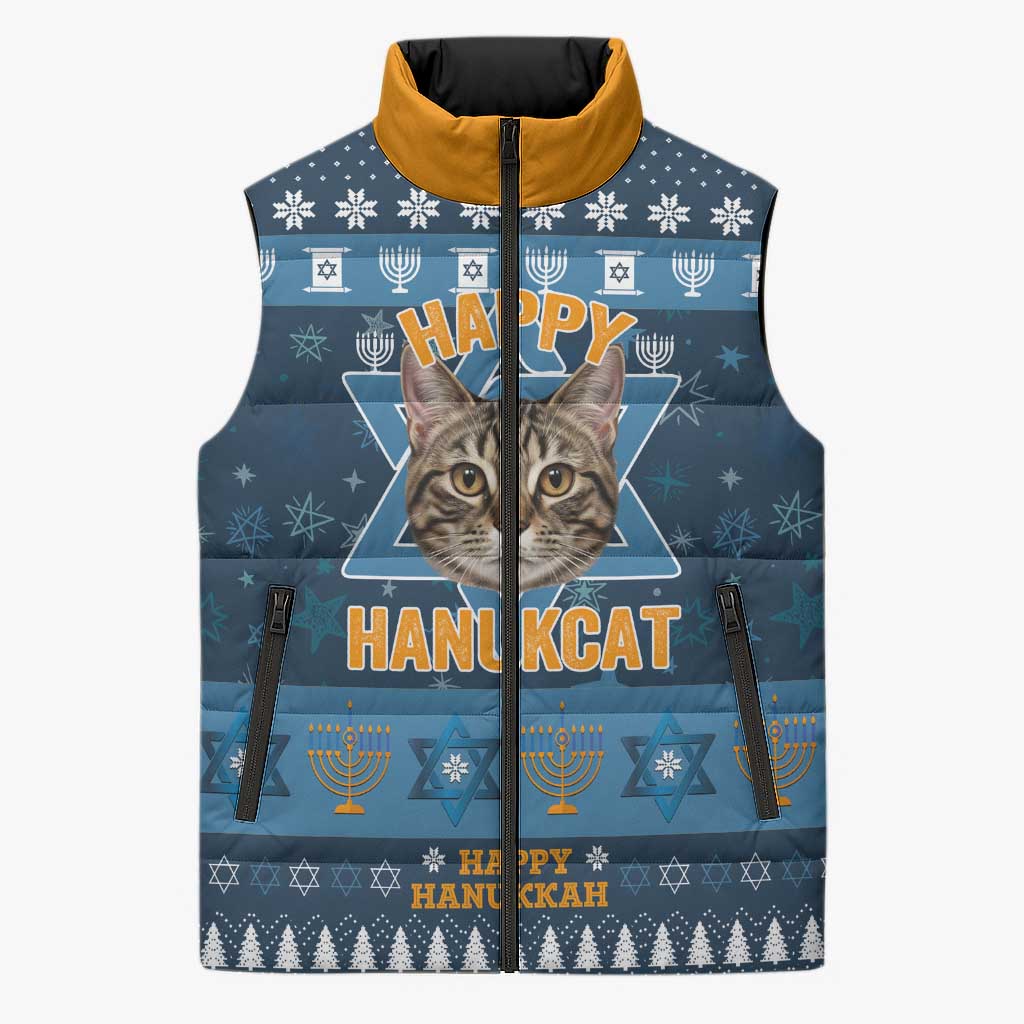 Happy Hanukcat Christmas Design Sleeveless Puffer Jacket Xmas Holiday Patterns - Wonder Print Shop