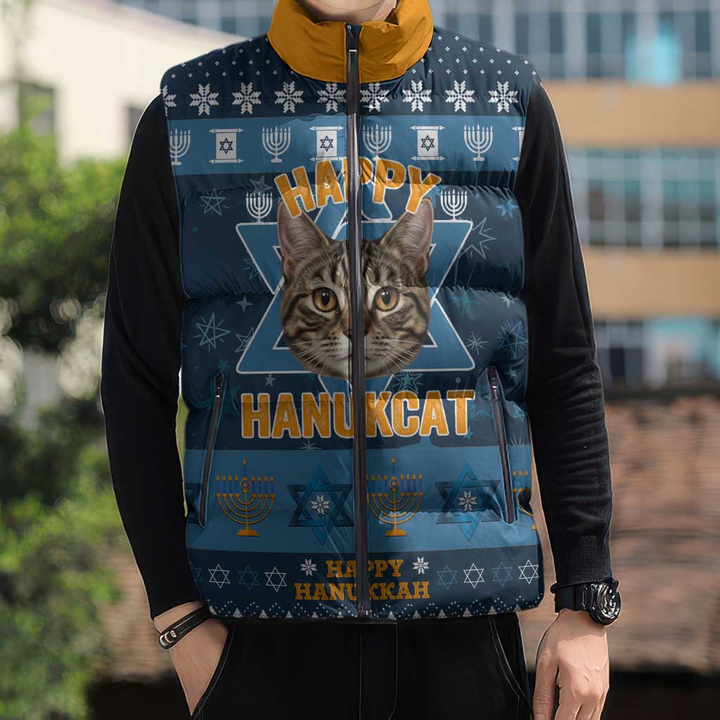 Happy Hanukcat Christmas Design Sleeveless Puffer Jacket Xmas Holiday Patterns - Wonder Print Shop