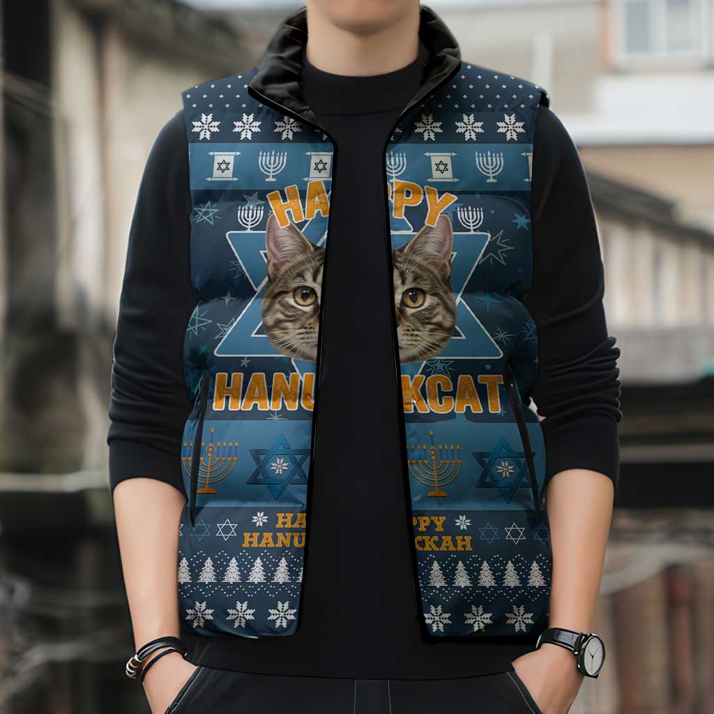 Happy Hanukcat Christmas Design Sleeveless Puffer Jacket Xmas Holiday Patterns - Wonder Print Shop