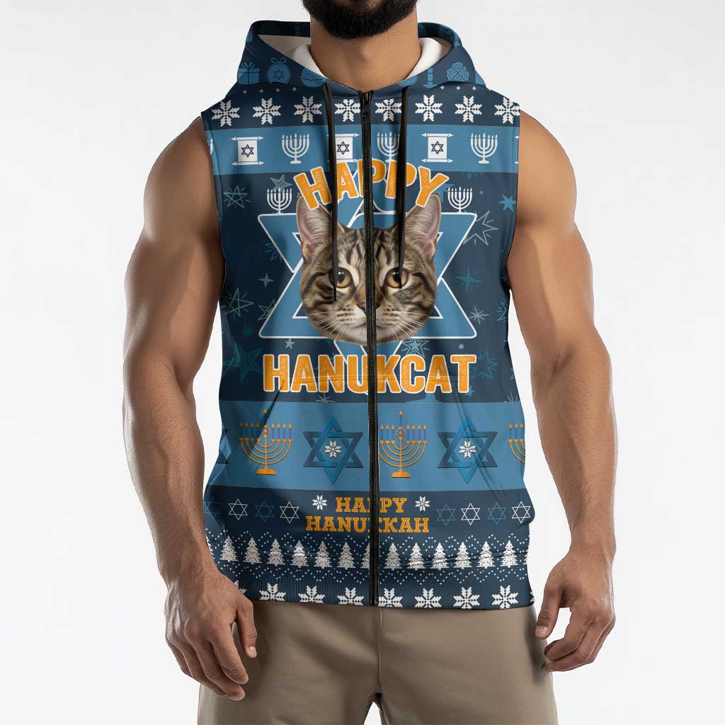Happy Hanukcat Christmas Design Sleeveless Zip Hoodie Xmas Holiday Patterns - Wonder Print Shop