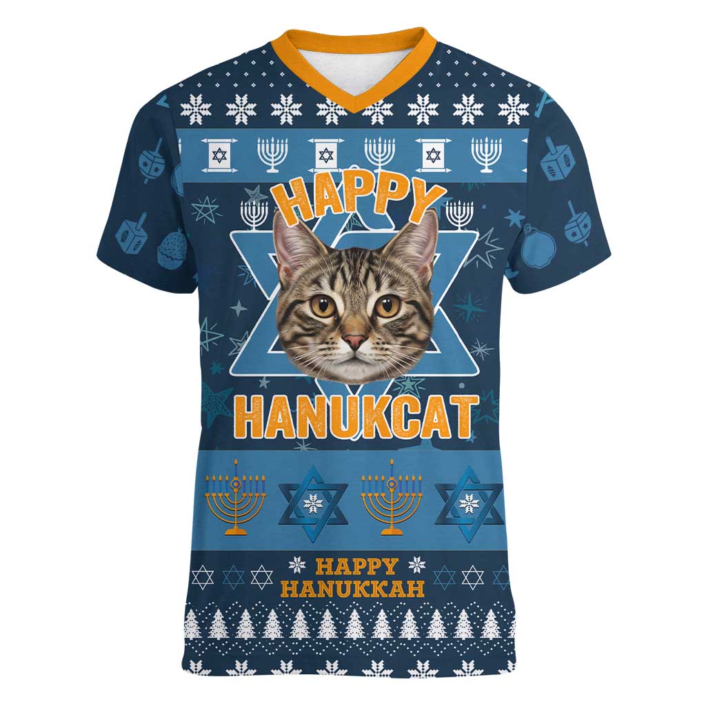 Happy Hanukcat Christmas Design Women V-Neck T-Shirt Xmas Holiday Patterns - Wonder Print Shop