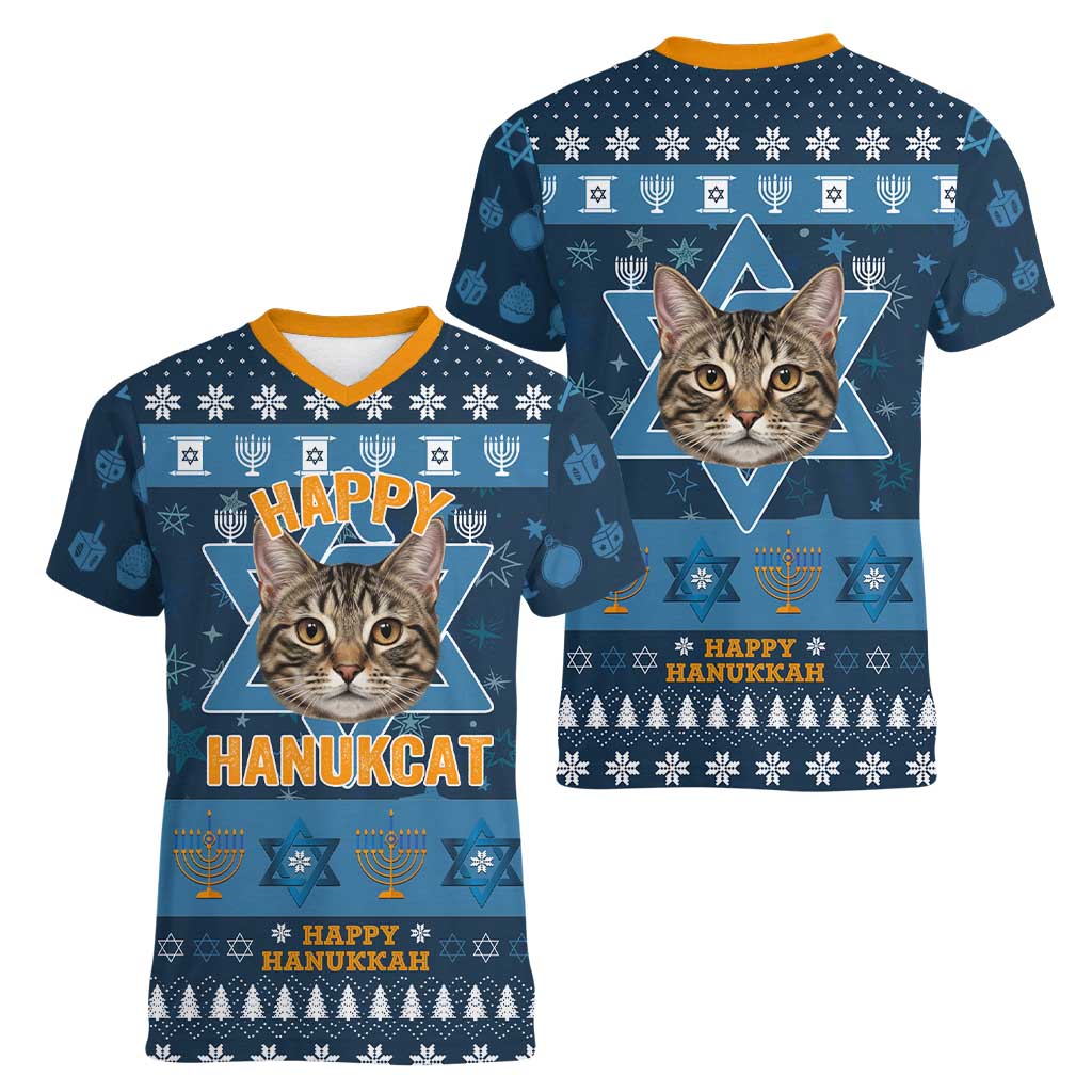 Happy Hanukcat Christmas Design Women V-Neck T-Shirt Xmas Holiday Patterns - Wonder Print Shop