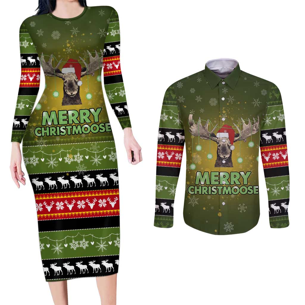 Merry ChristMoose Christmas Couples Matching Long Sleeve Bodycon Dress and Long Sleeve Button Shirt Xmas Holiday Patterns - Wonder Print Shop