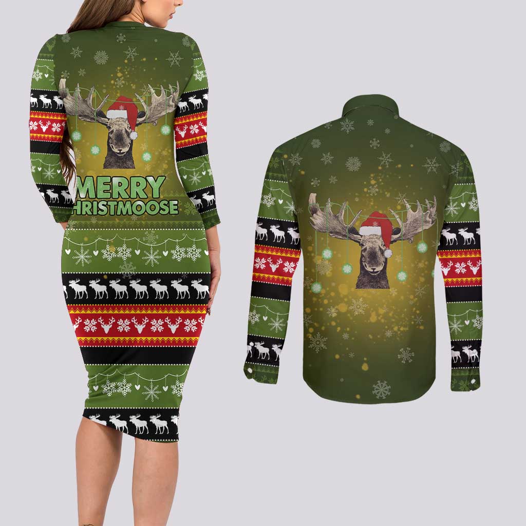 Merry ChristMoose Christmas Couples Matching Long Sleeve Bodycon Dress and Long Sleeve Button Shirt Xmas Holiday Patterns - Wonder Print Shop
