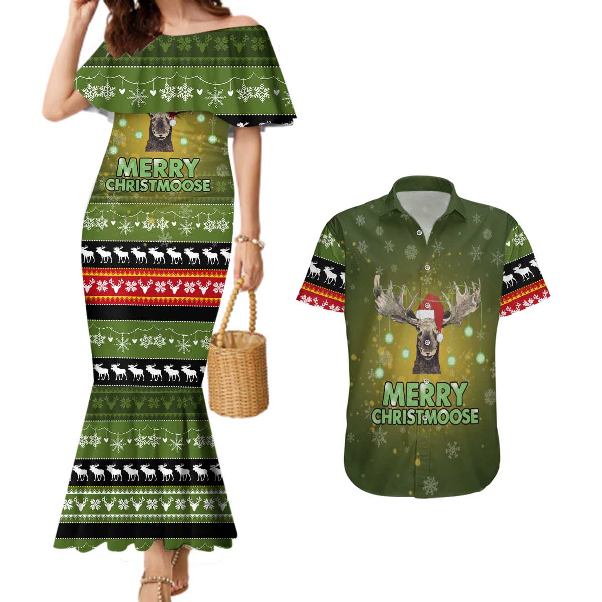 Merry ChristMoose Christmas Couples Matching Mermaid Dress and Hawaiian Shirt Xmas Holiday Patterns - Wonder Print Shop
