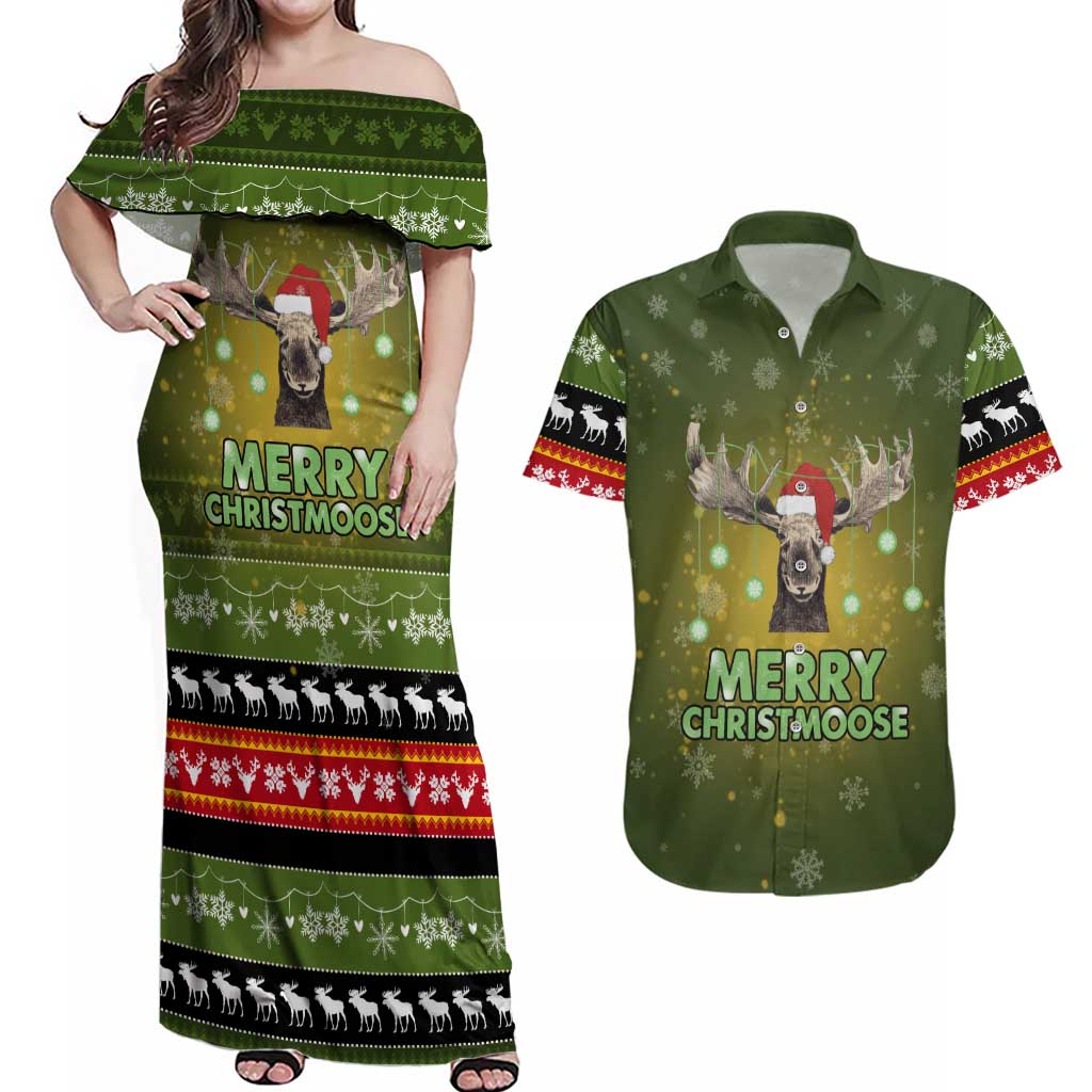 Merry ChristMoose Christmas Couples Matching Off Shoulder Maxi Dress and Hawaiian Shirt Xmas Holiday Patterns - Wonder Print Shop