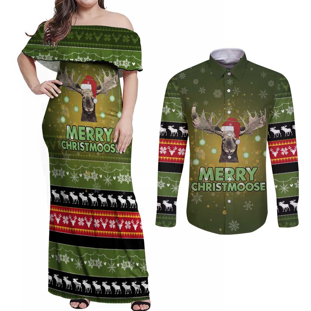Merry ChristMoose Christmas Couples Matching Off Shoulder Maxi Dress and Long Sleeve Button Shirt Xmas Holiday Patterns - Wonder Print Shop