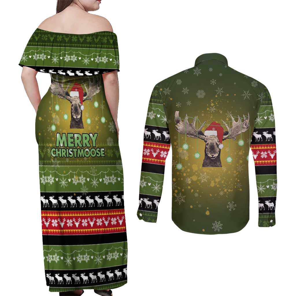 Merry ChristMoose Christmas Couples Matching Off Shoulder Maxi Dress and Long Sleeve Button Shirt Xmas Holiday Patterns - Wonder Print Shop