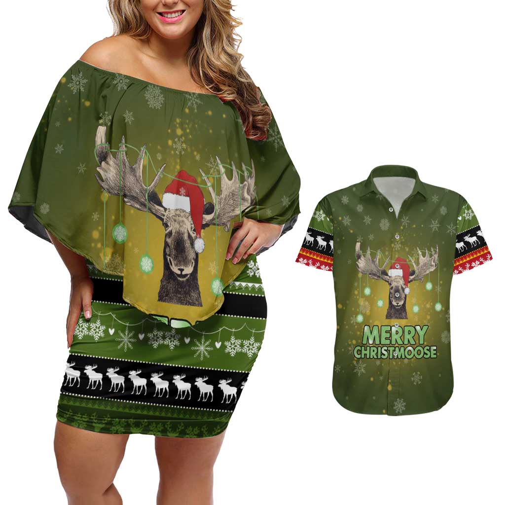 Merry ChristMoose Christmas Couples Matching Off Shoulder Short Dress and Hawaiian Shirt Xmas Holiday Patterns - Wonder Print Shop