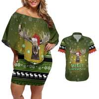 Merry ChristMoose Christmas Couples Matching Off Shoulder Short Dress and Hawaiian Shirt Xmas Holiday Patterns - Wonder Print Shop