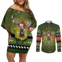 Merry ChristMoose Christmas Couples Matching Off Shoulder Short Dress and Long Sleeve Button Shirt Xmas Holiday Patterns - Wonder Print Shop
