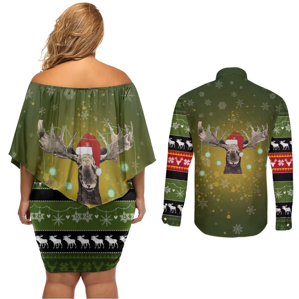 Merry ChristMoose Christmas Couples Matching Off Shoulder Short Dress and Long Sleeve Button Shirt Xmas Holiday Patterns - Wonder Print Shop