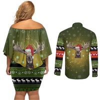 Merry ChristMoose Christmas Couples Matching Off Shoulder Short Dress and Long Sleeve Button Shirt Xmas Holiday Patterns - Wonder Print Shop