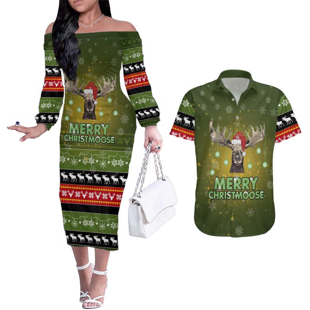 Merry ChristMoose Christmas Couples Matching Off The Shoulder Long Sleeve Dress and Hawaiian Shirt Xmas Holiday Patterns - Wonder Print Shop