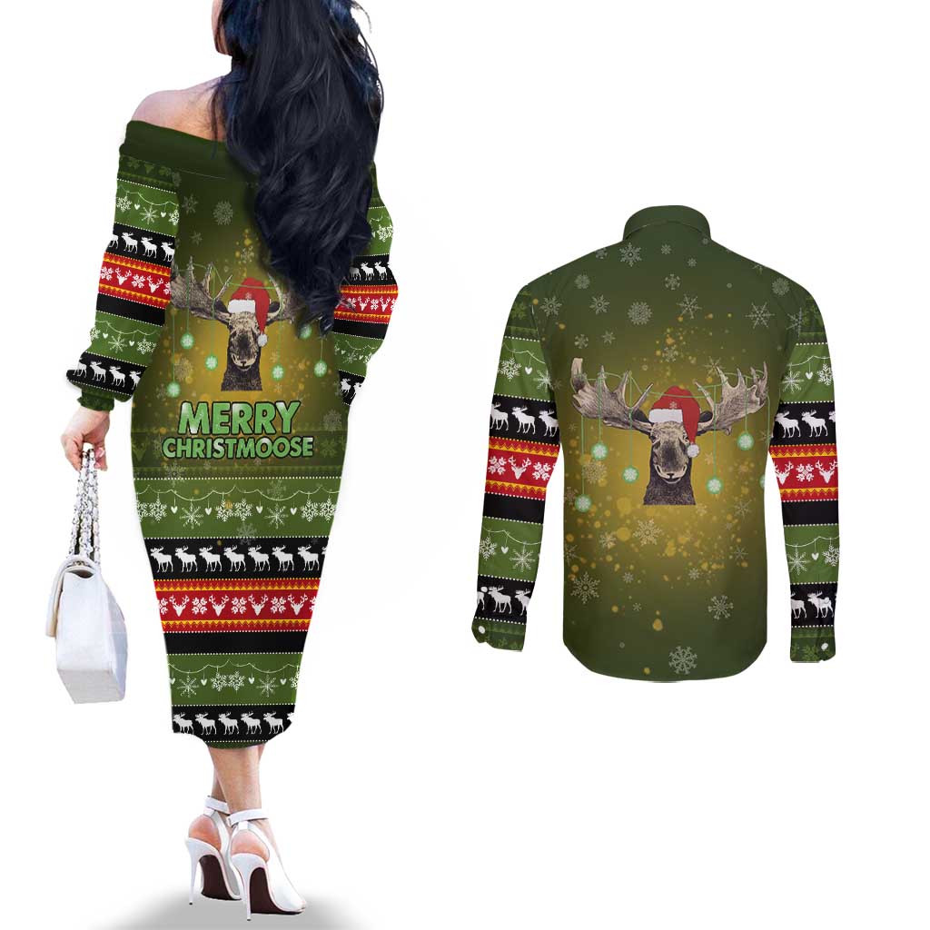 Merry ChristMoose Christmas Couples Matching Off The Shoulder Long Sleeve Dress and Long Sleeve Button Shirt Xmas Holiday Patterns - Wonder Print Shop
