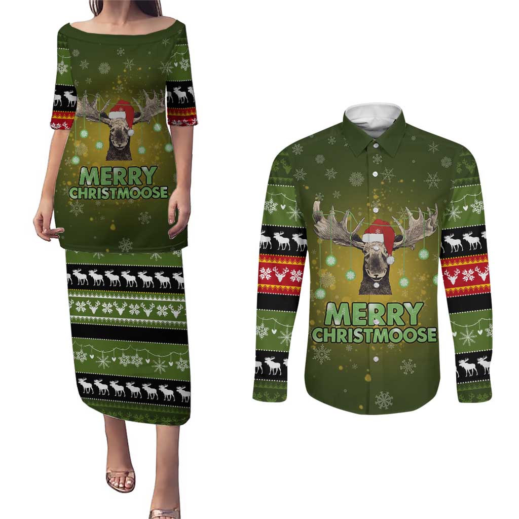 Merry ChristMoose Christmas Couples Matching Puletasi and Long Sleeve Button Shirt Xmas Holiday Patterns - Wonder Print Shop