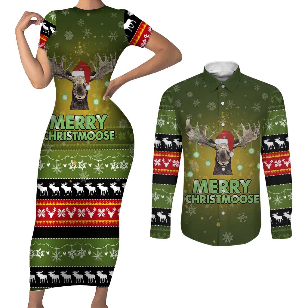 Merry ChristMoose Christmas Couples Matching Short Sleeve Bodycon Dress and Long Sleeve Button Shirt Xmas Holiday Patterns - Wonder Print Shop