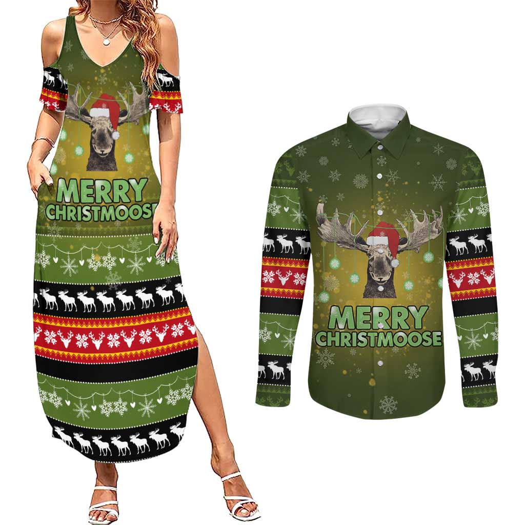 Merry ChristMoose Christmas Couples Matching Summer Maxi Dress and Long Sleeve Button Shirt Xmas Holiday Patterns - Wonder Print Shop