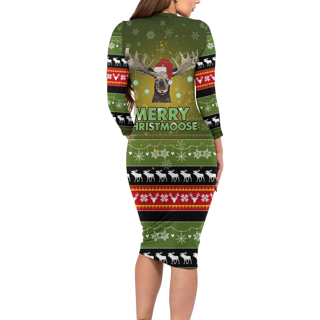 Merry ChristMoose Christmas Long Sleeve Bodycon Dress Xmas Holiday Patterns - Wonder Print Shop