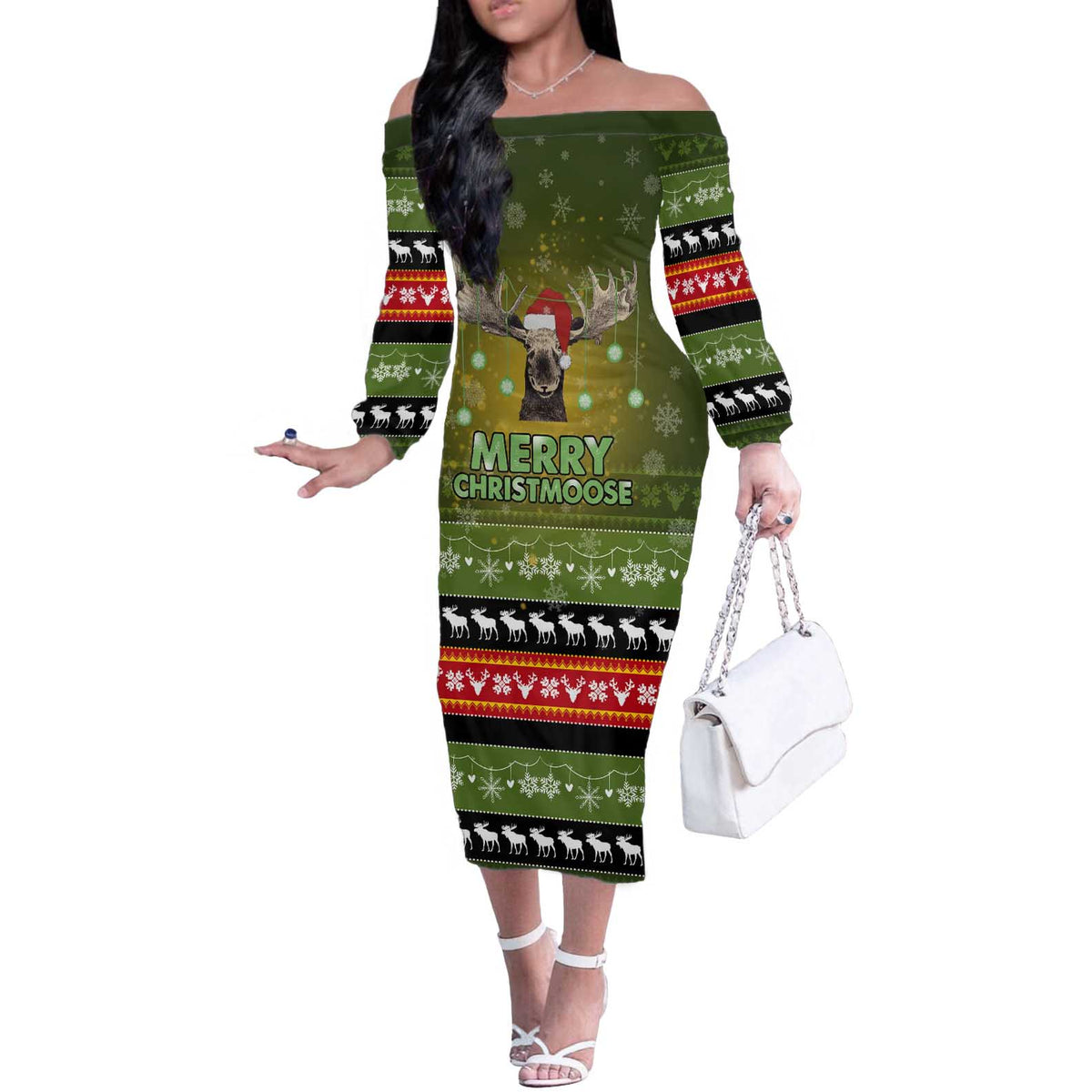 Merry ChristMoose Christmas Off The Shoulder Long Sleeve Dress Xmas Holiday Patterns - Wonder Print Shop