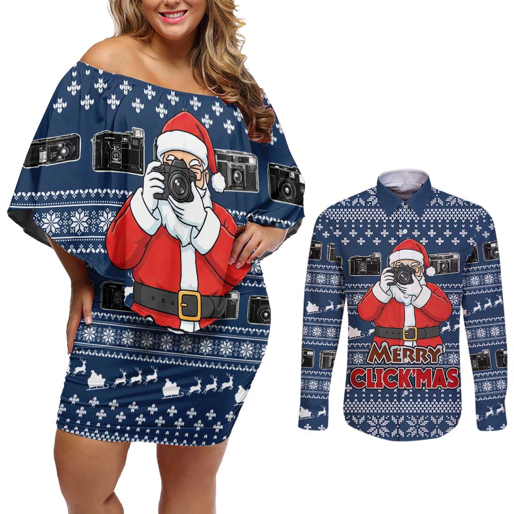Merry Clickmas Christmas Couples Matching Off Shoulder Short Dress and Long Sleeve Button Shirt Xmas Holiday Patterns - Wonder Print Shop