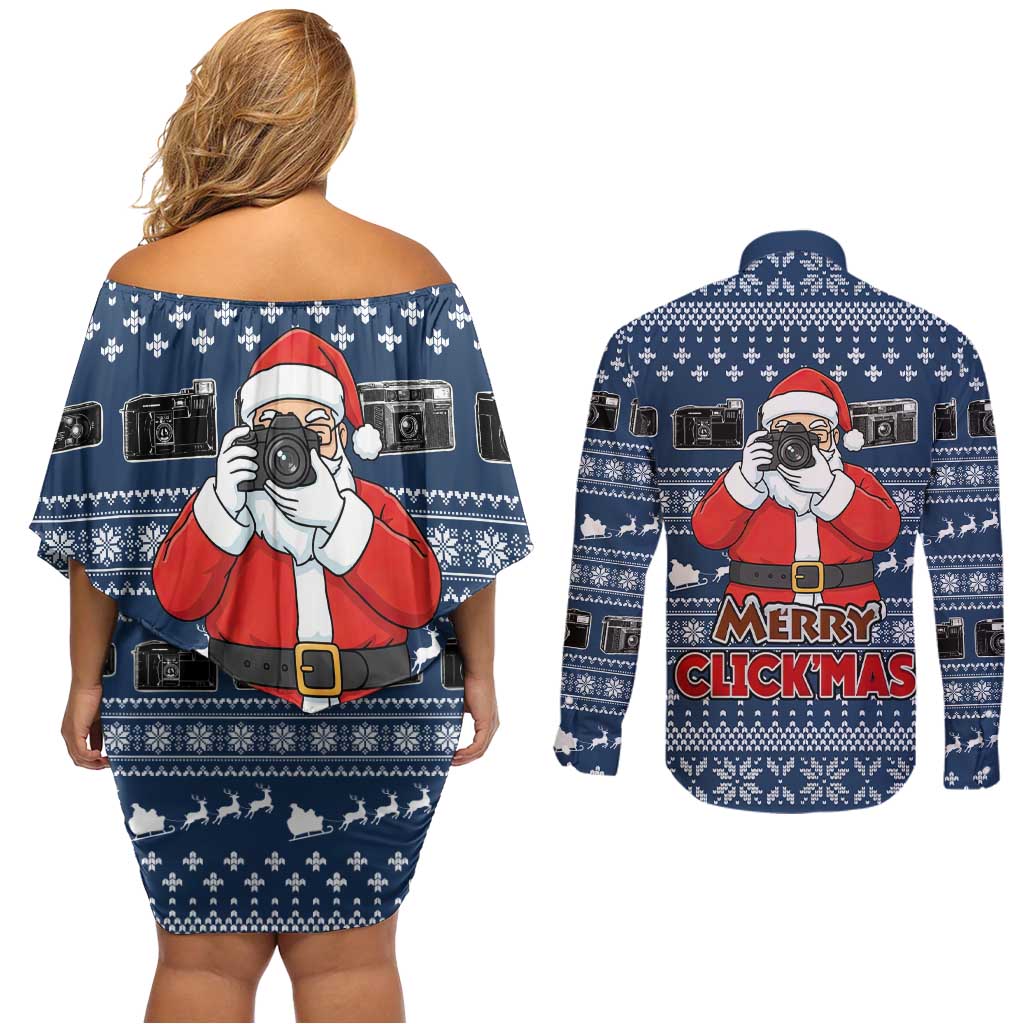 Merry Clickmas Christmas Couples Matching Off Shoulder Short Dress and Long Sleeve Button Shirt Xmas Holiday Patterns - Wonder Print Shop