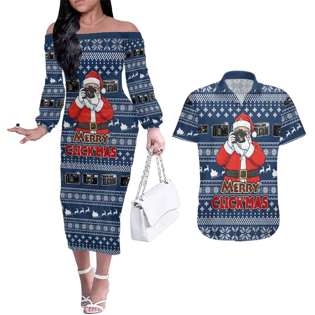 Merry Clickmas Christmas Couples Matching Off The Shoulder Long Sleeve Dress and Hawaiian Shirt Xmas Holiday Patterns - Wonder Print Shop