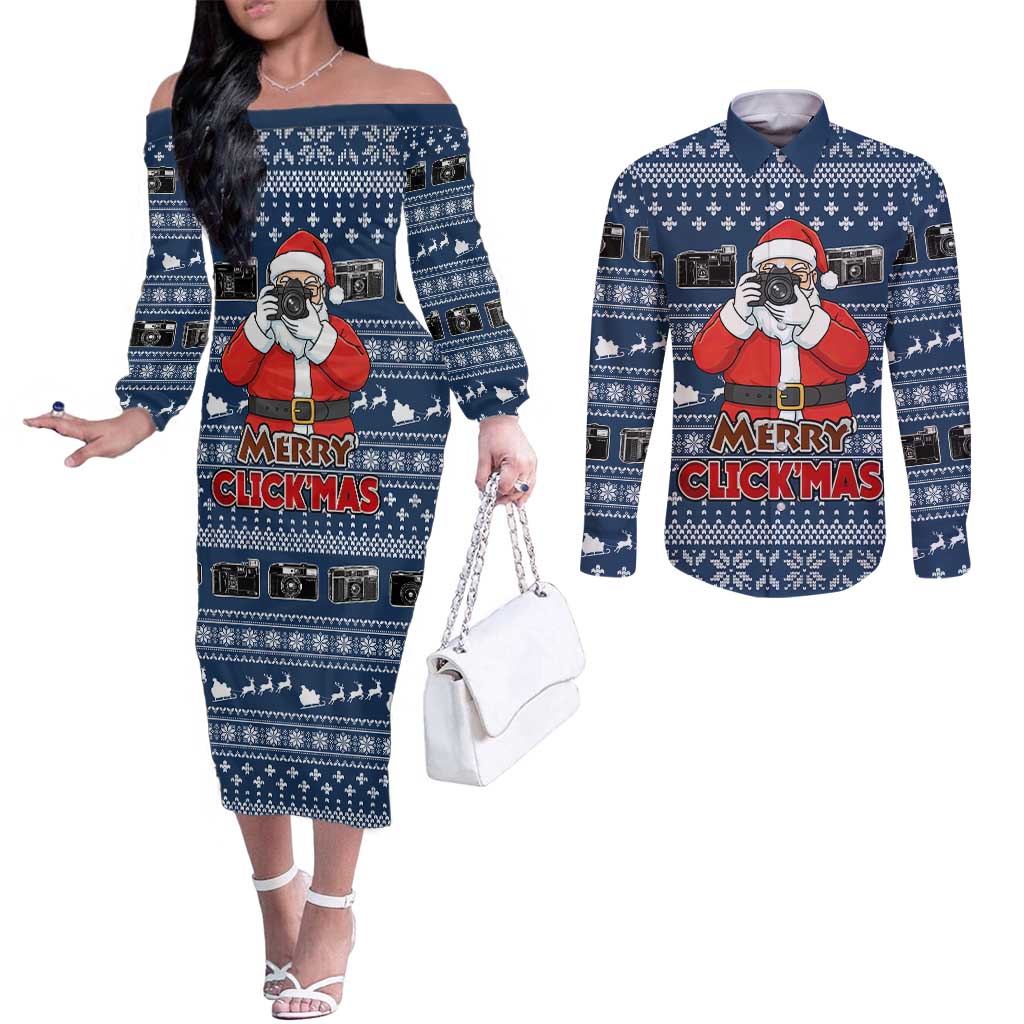 Merry Clickmas Christmas Couples Matching Off The Shoulder Long Sleeve Dress and Long Sleeve Button Shirt Xmas Holiday Patterns - Wonder Print Shop