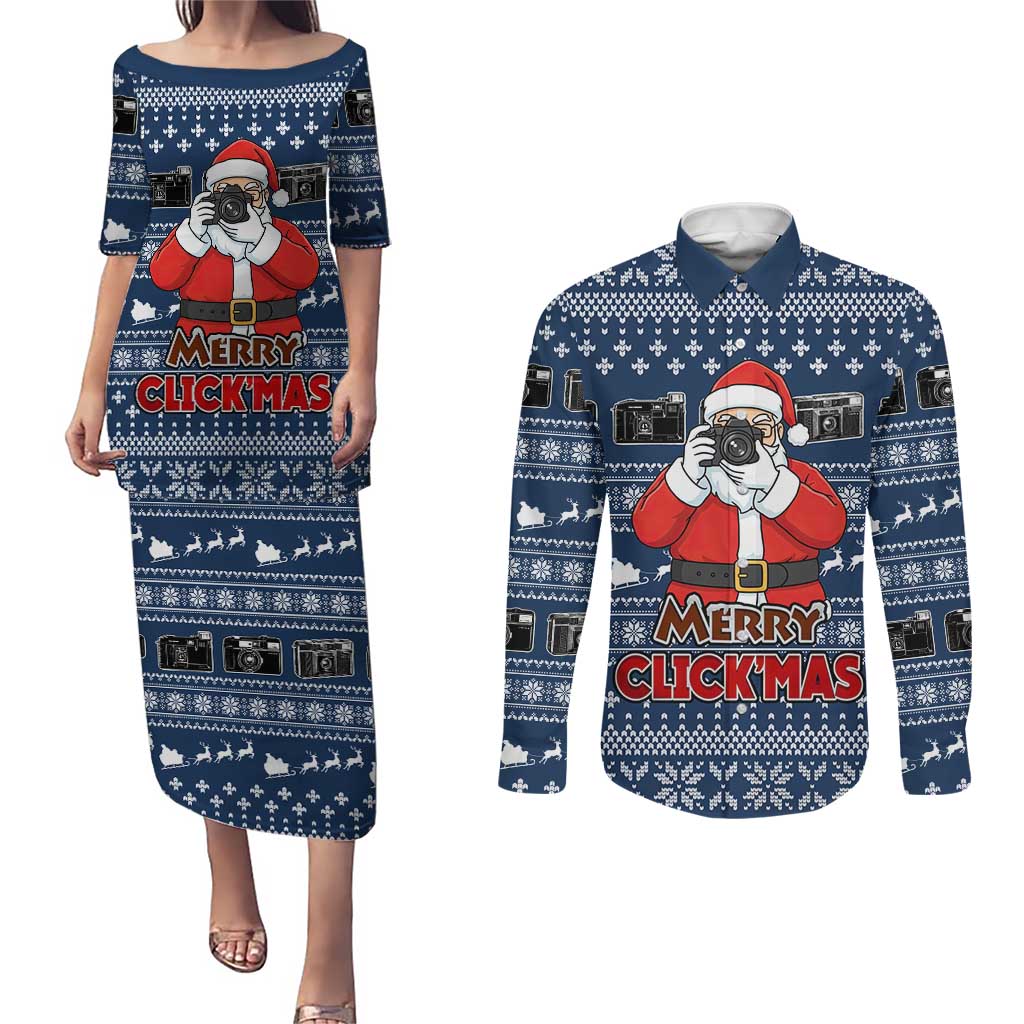 Merry Clickmas Christmas Couples Matching Puletasi and Long Sleeve Button Shirt Xmas Holiday Patterns - Wonder Print Shop