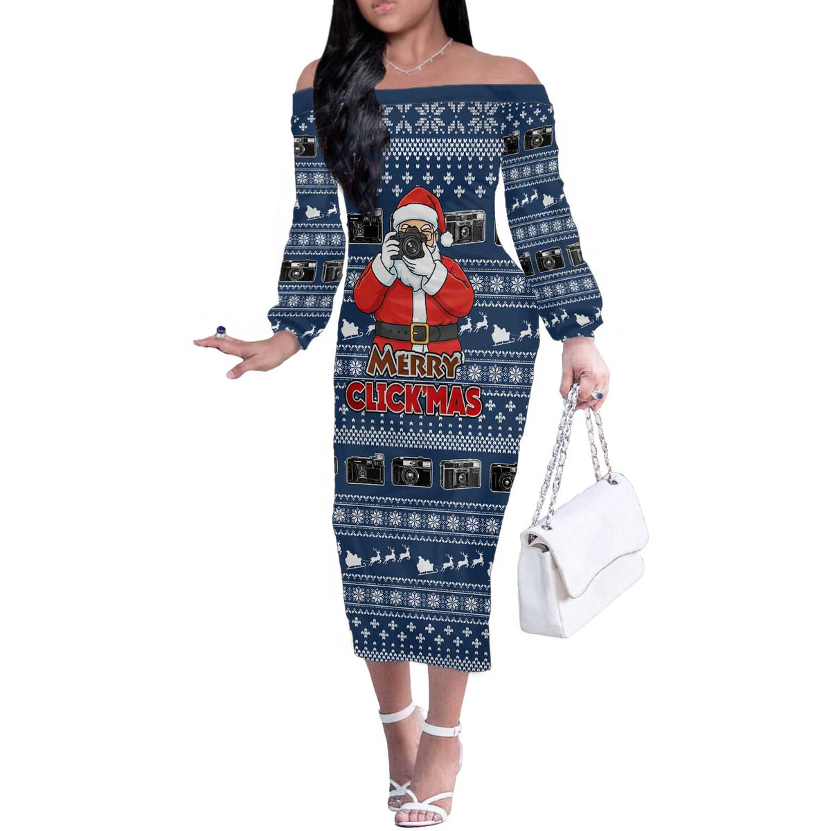 Merry Clickmas Christmas Off The Shoulder Long Sleeve Dress Xmas Holiday Patterns - Wonder Print Shop