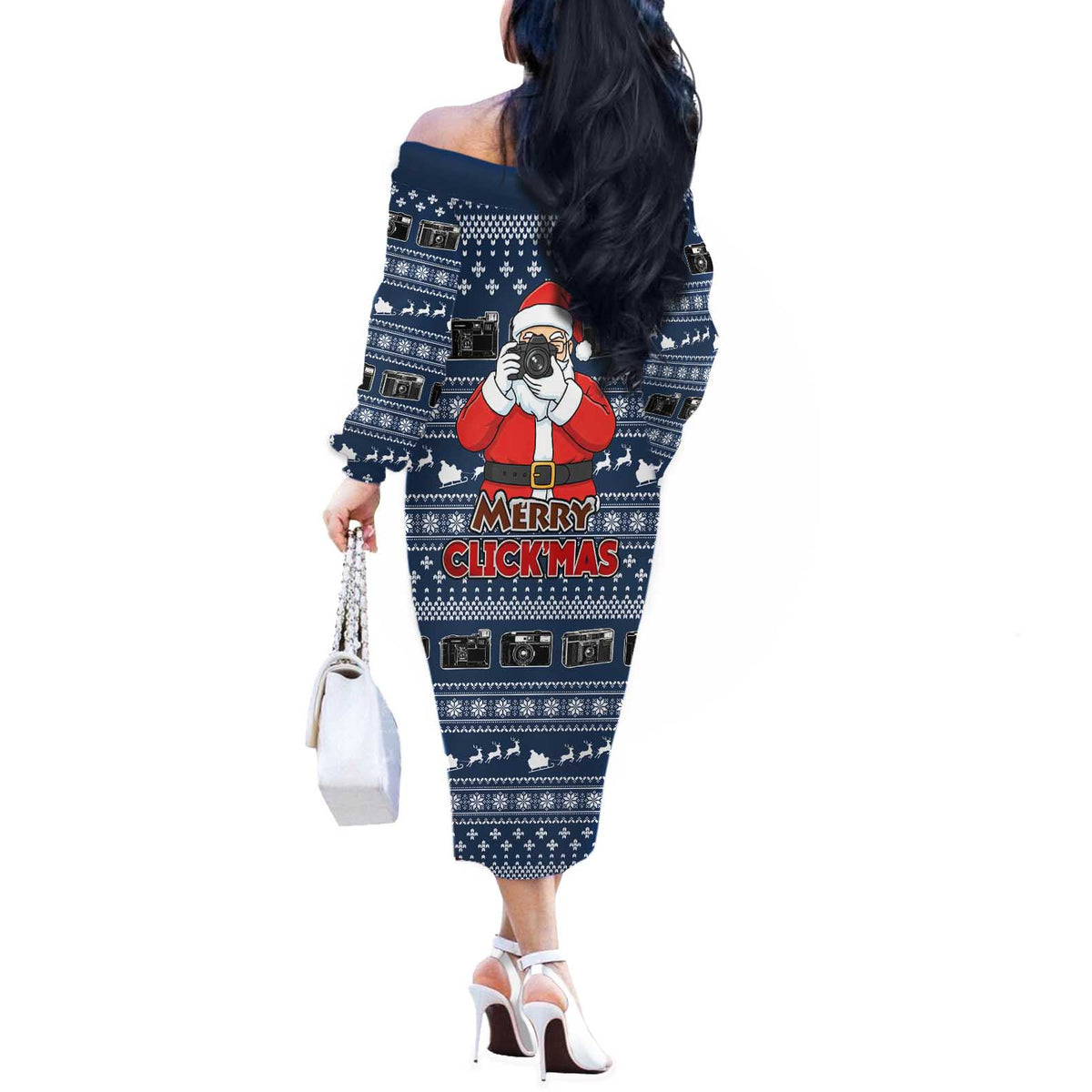 Merry Clickmas Christmas Off The Shoulder Long Sleeve Dress Xmas Holiday Patterns - Wonder Print Shop