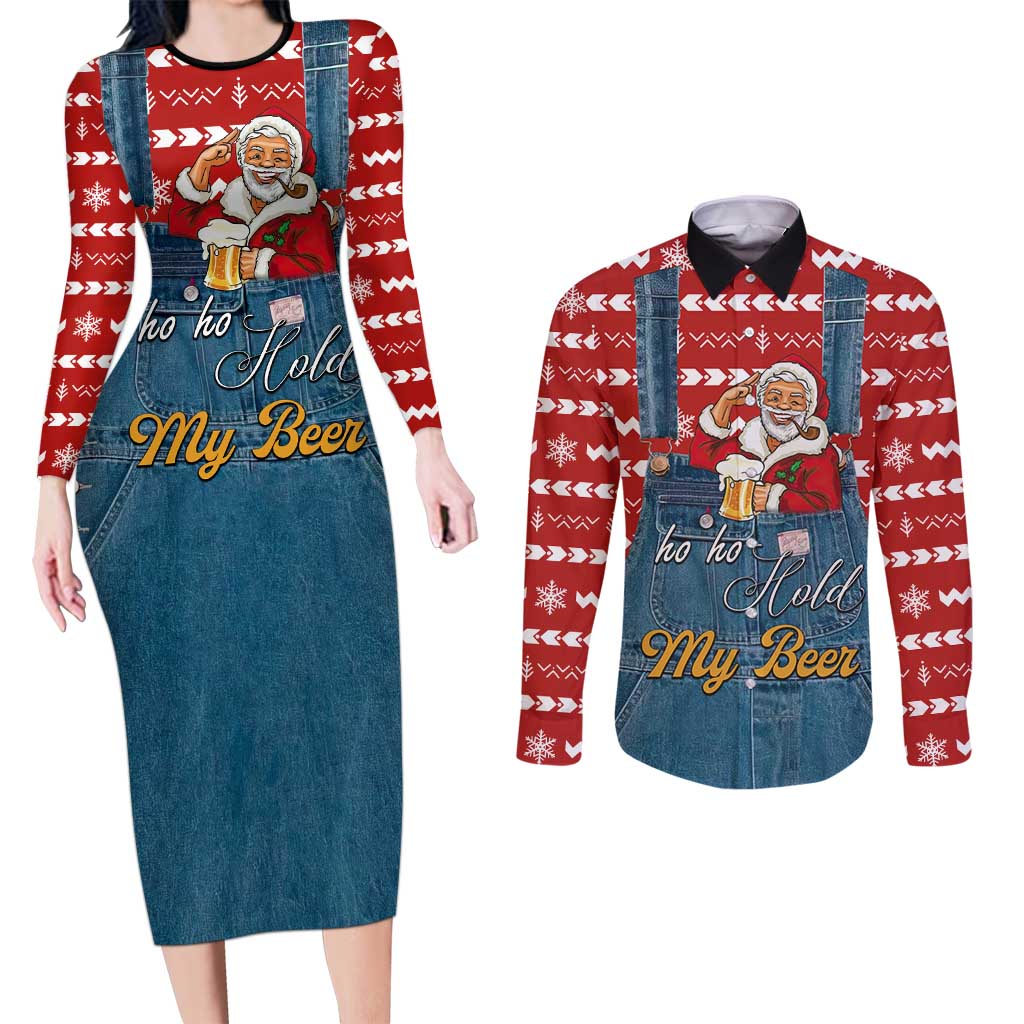 Ho Ho Hold My Beer Santa Christmas Design Couples Matching Long Sleeve Bodycon Dress and Long Sleeve Button Shirt Xmas Holiday Patterns - Wonder Print Shop
