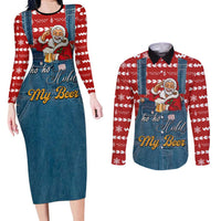Ho Ho Hold My Beer Santa Christmas Design Couples Matching Long Sleeve Bodycon Dress and Long Sleeve Button Shirt Xmas Holiday Patterns - Wonder Print Shop