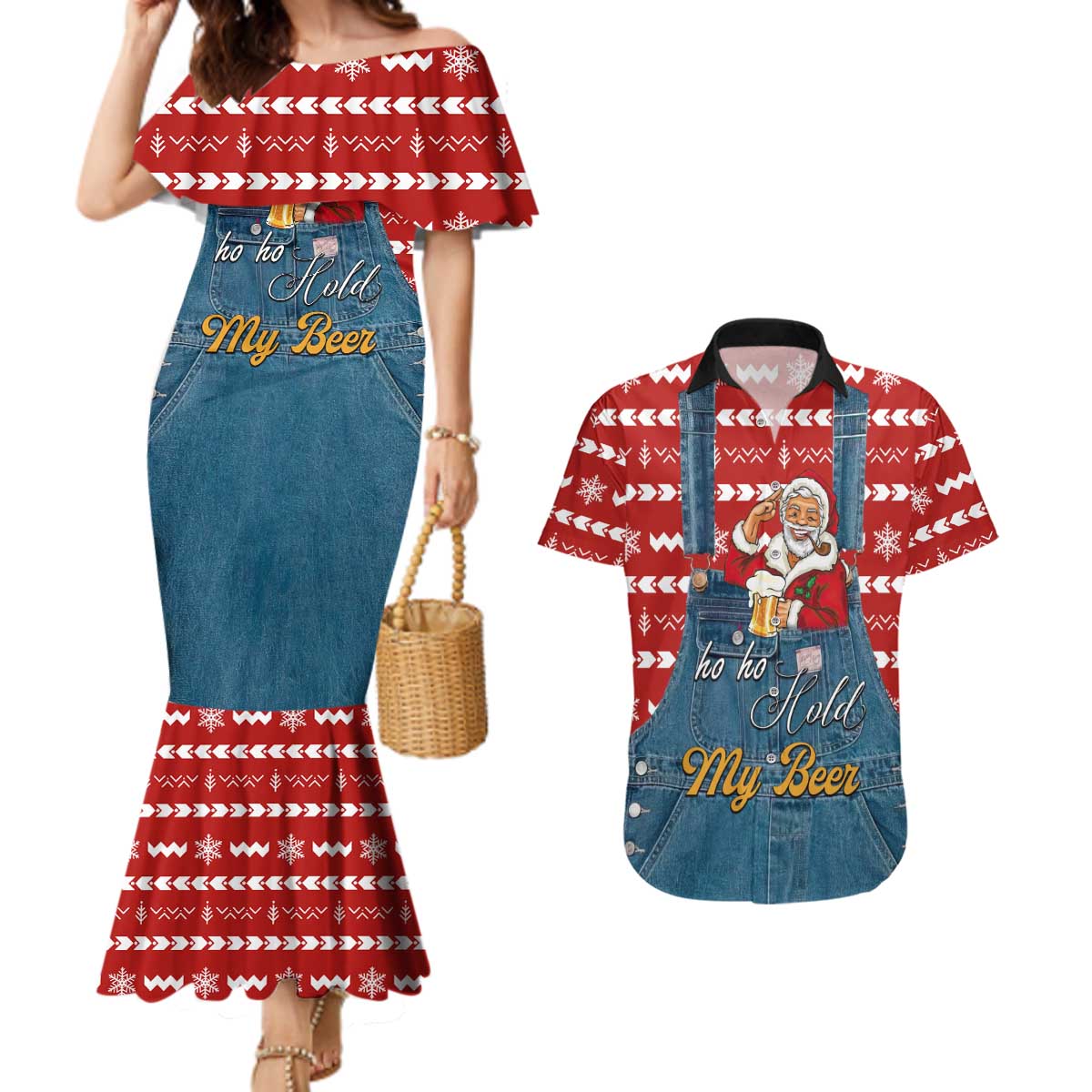Ho Ho Hold My Beer Santa Christmas Design Couples Matching Mermaid Dress and Hawaiian Shirt Xmas Holiday Patterns - Wonder Print Shop