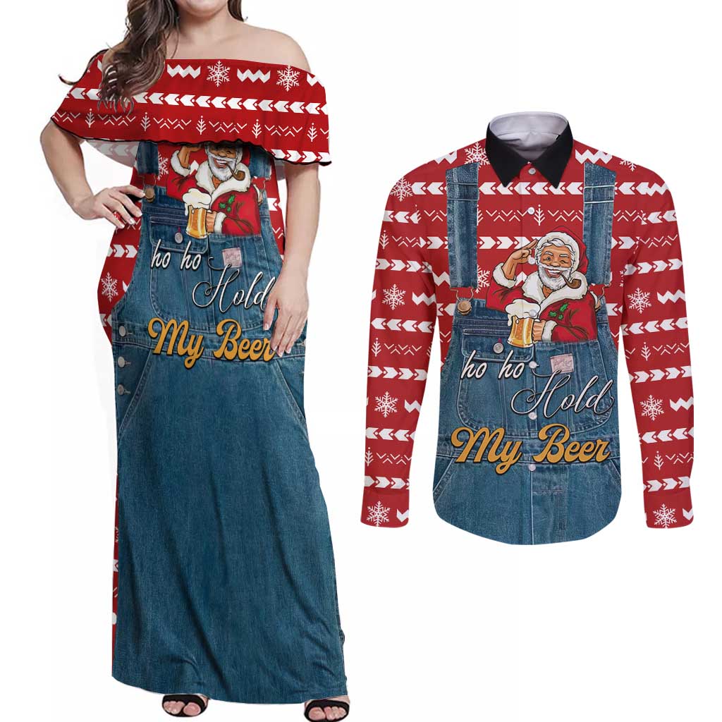 Ho Ho Hold My Beer Santa Christmas Design Couples Matching Off Shoulder Maxi Dress and Long Sleeve Button Shirt Xmas Holiday Patterns - Wonder Print Shop