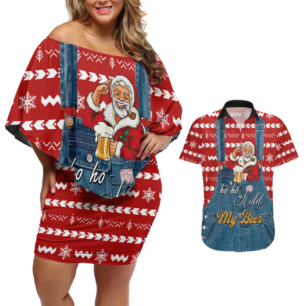Ho Ho Hold My Beer Santa Christmas Design Couples Matching Off Shoulder Short Dress and Hawaiian Shirt Xmas Holiday Patterns - Wonder Print Shop