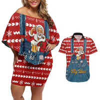 Ho Ho Hold My Beer Santa Christmas Design Couples Matching Off Shoulder Short Dress and Hawaiian Shirt Xmas Holiday Patterns - Wonder Print Shop