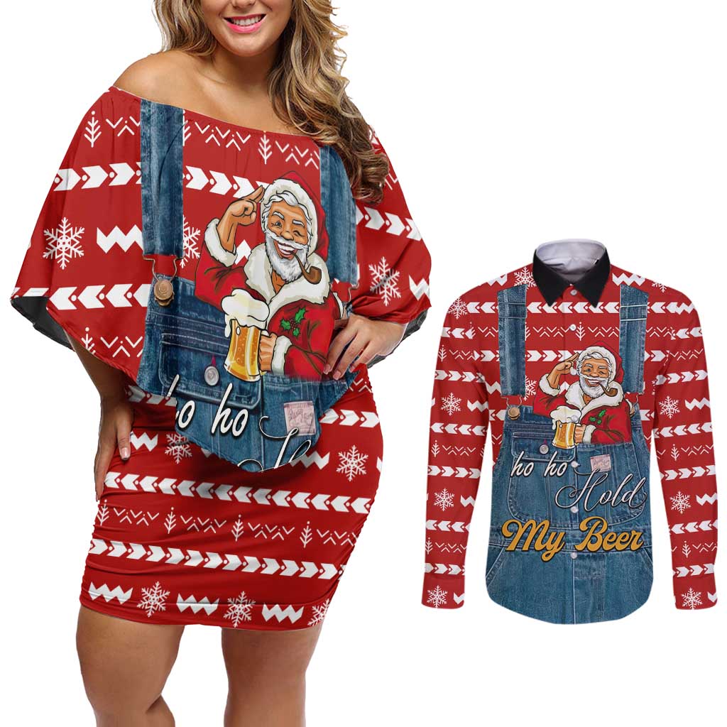 Ho Ho Hold My Beer Santa Christmas Design Couples Matching Off Shoulder Short Dress and Long Sleeve Button Shirt Xmas Holiday Patterns - Wonder Print Shop