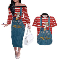 Ho Ho Hold My Beer Santa Christmas Design Couples Matching Off The Shoulder Long Sleeve Dress and Hawaiian Shirt Xmas Holiday Patterns - Wonder Print Shop