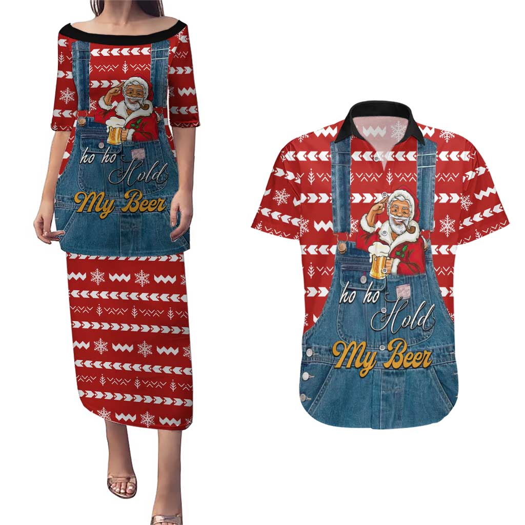 Ho Ho Hold My Beer Santa Christmas Design Couples Matching Puletasi and Hawaiian Shirt Xmas Holiday Patterns - Wonder Print Shop