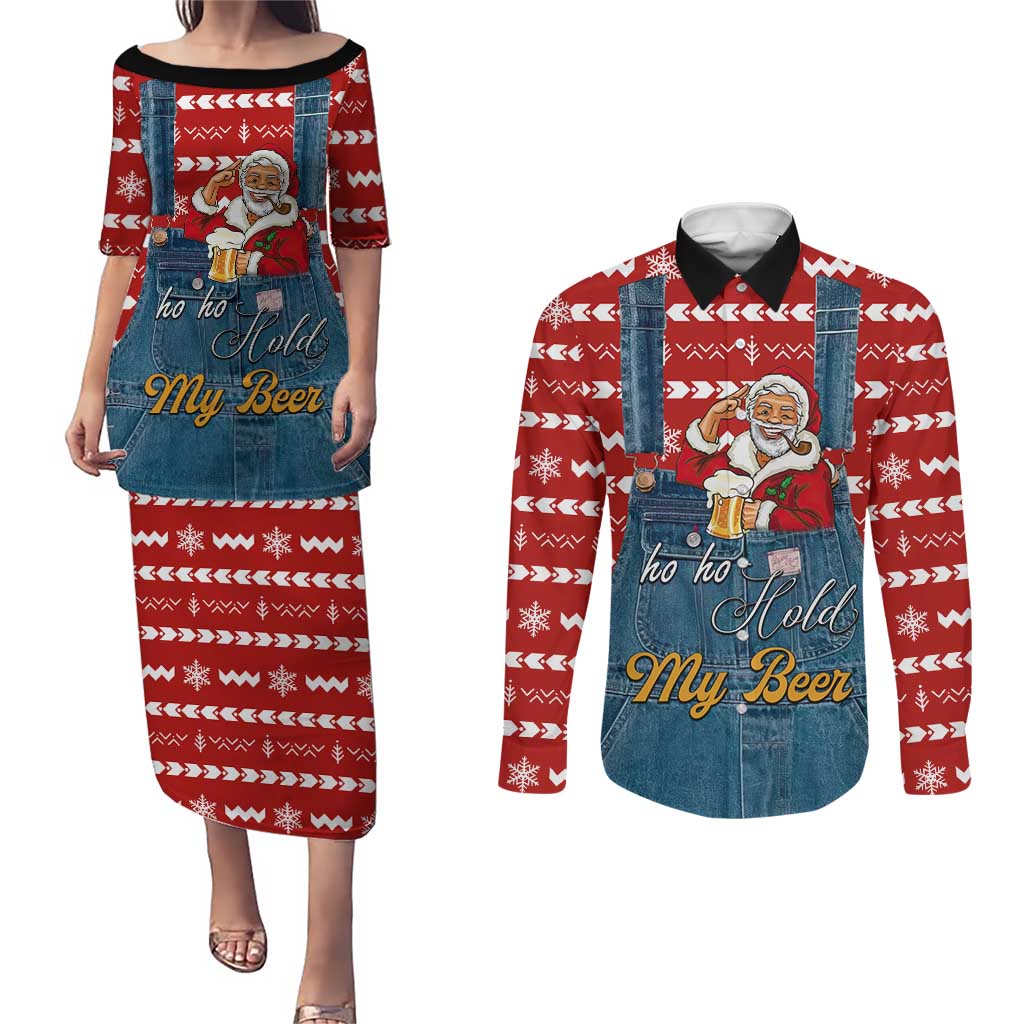 Ho Ho Hold My Beer Santa Christmas Design Couples Matching Puletasi and Long Sleeve Button Shirt Xmas Holiday Patterns - Wonder Print Shop