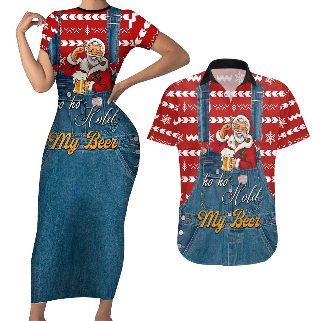 Ho Ho Hold My Beer Santa Christmas Design Couples Matching Short Sleeve Bodycon Dress and Hawaiian Shirt Xmas Holiday Patterns - Wonder Print Shop