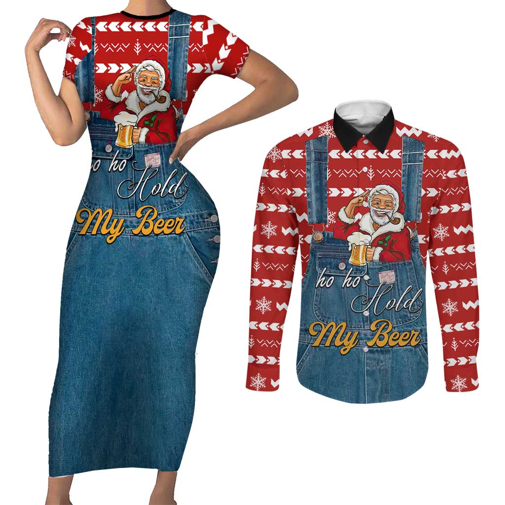 Ho Ho Hold My Beer Santa Christmas Design Couples Matching Short Sleeve Bodycon Dress and Long Sleeve Button Shirt Xmas Holiday Patterns - Wonder Print Shop
