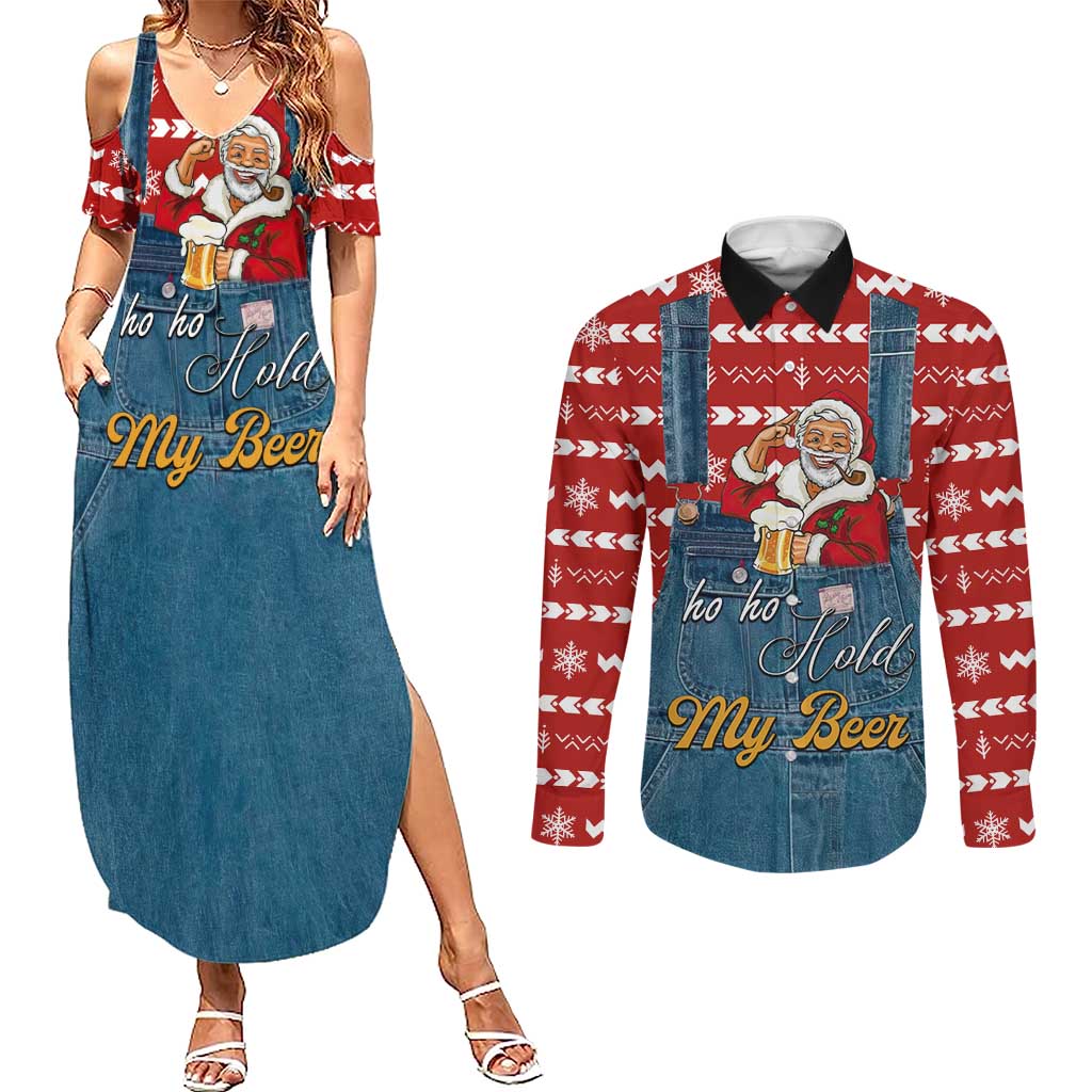 Ho Ho Hold My Beer Santa Christmas Design Couples Matching Summer Maxi Dress and Long Sleeve Button Shirt Xmas Holiday Patterns - Wonder Print Shop