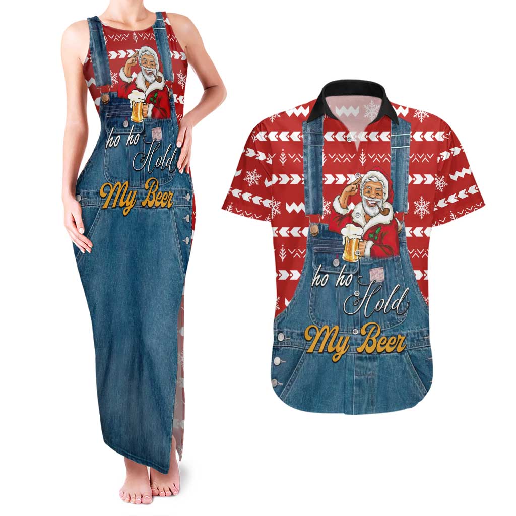 Ho Ho Hold My Beer Santa Christmas Design Couples Matching Tank Maxi Dress and Hawaiian Shirt Xmas Holiday Patterns - Wonder Print Shop