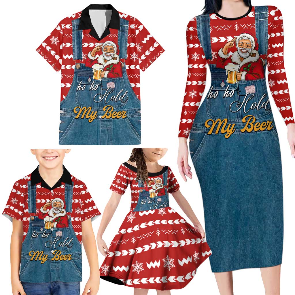 Ho Ho Hold My Beer Santa Christmas Design Family Matching Long Sleeve Bodycon Dress and Hawaiian Shirt Xmas Holiday Patterns - Wonder Print Shop