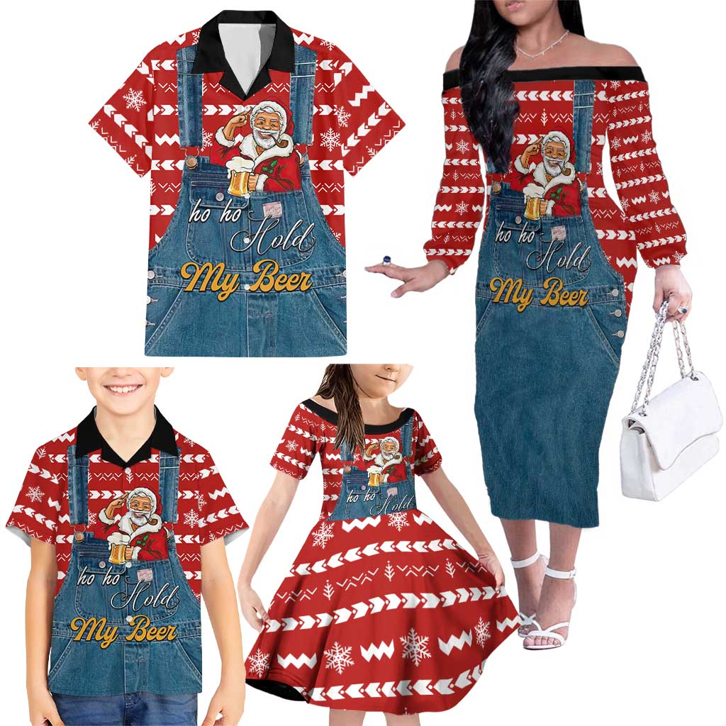 Ho Ho Hold My Beer Santa Christmas Design Family Matching Off The Shoulder Long Sleeve Dress and Hawaiian Shirt Xmas Holiday Patterns - Wonder Print Shop