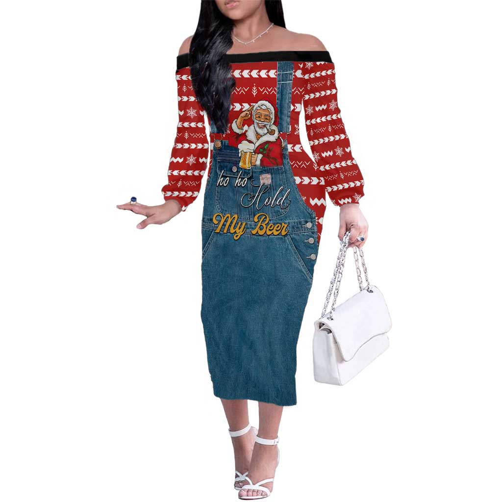 Ho Ho Hold My Beer Santa Christmas Design Family Matching Off The Shoulder Long Sleeve Dress and Hawaiian Shirt Xmas Holiday Patterns - Wonder Print Shop
