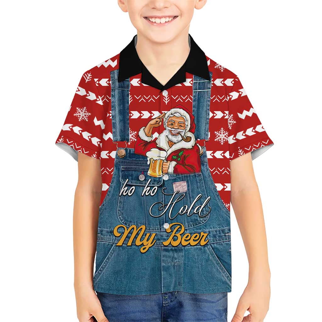Ho Ho Hold My Beer Santa Christmas Design Family Matching Off The Shoulder Long Sleeve Dress and Hawaiian Shirt Xmas Holiday Patterns - Wonder Print Shop